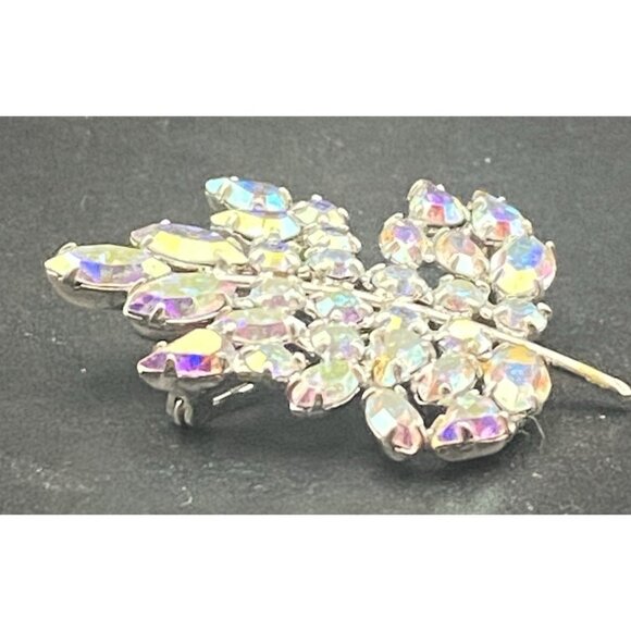 Vtg B David Brooch Silver Tone Brilliant Aurora Borealis Figural Leaf Signed - Picture 5 of 7